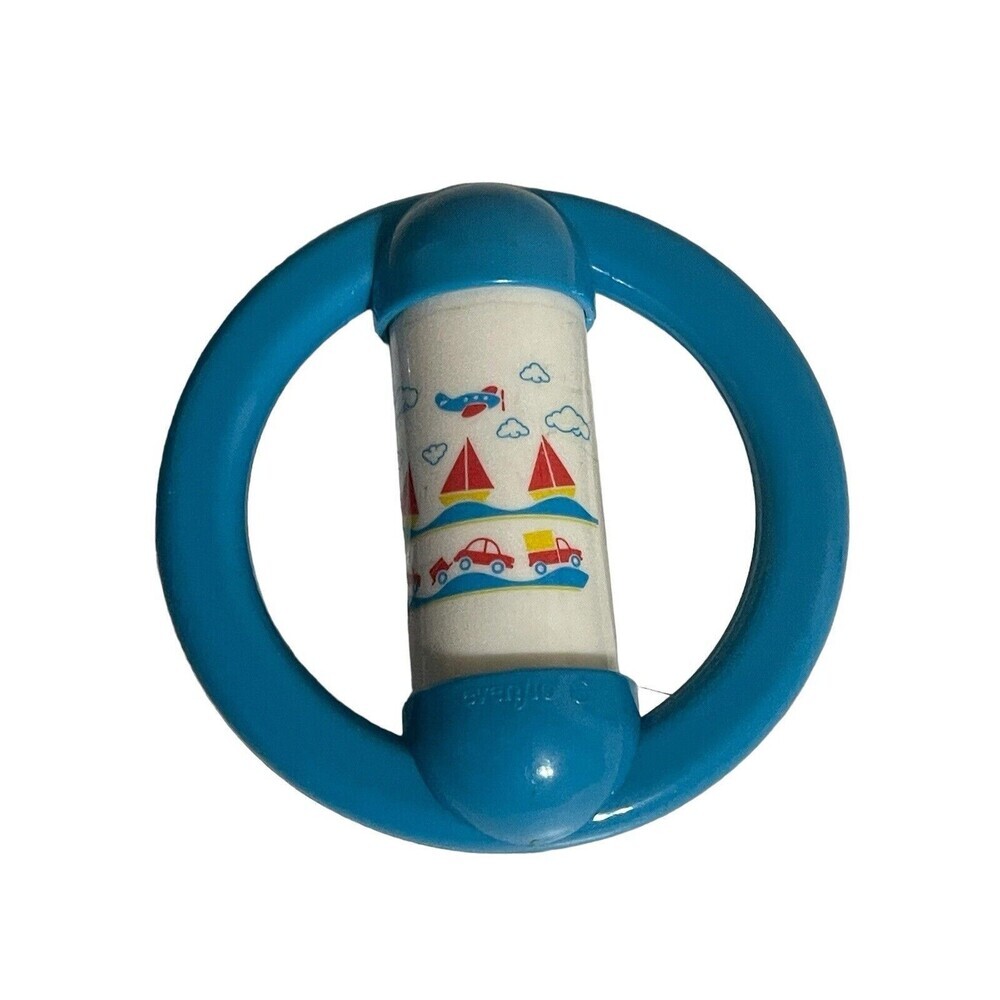 Vintage Evenflo Clown Hand Rattle Plastic Airplane Car Boat Blue RARE